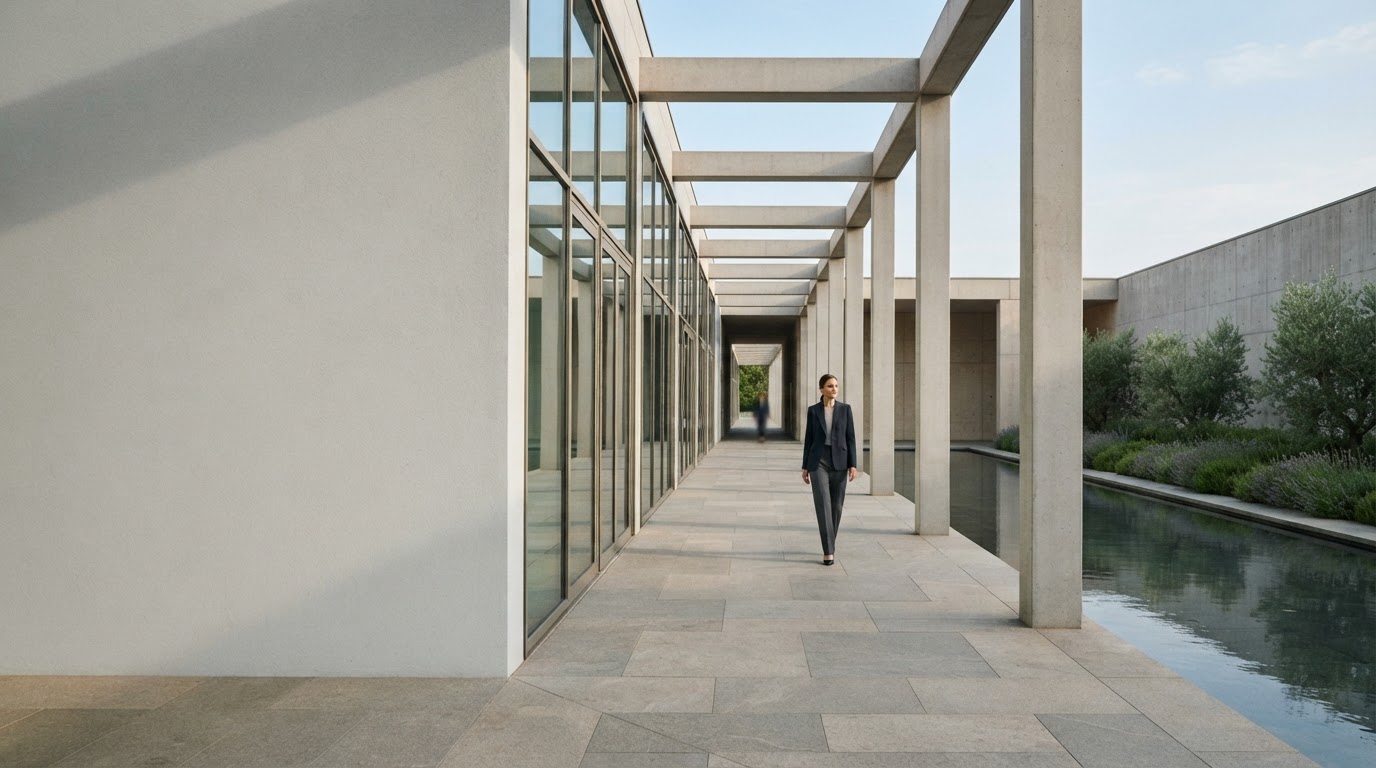 Nuvirello IA - composizione architettonica minimalista con linee pulite e luce naturale, simbolo di stabilità